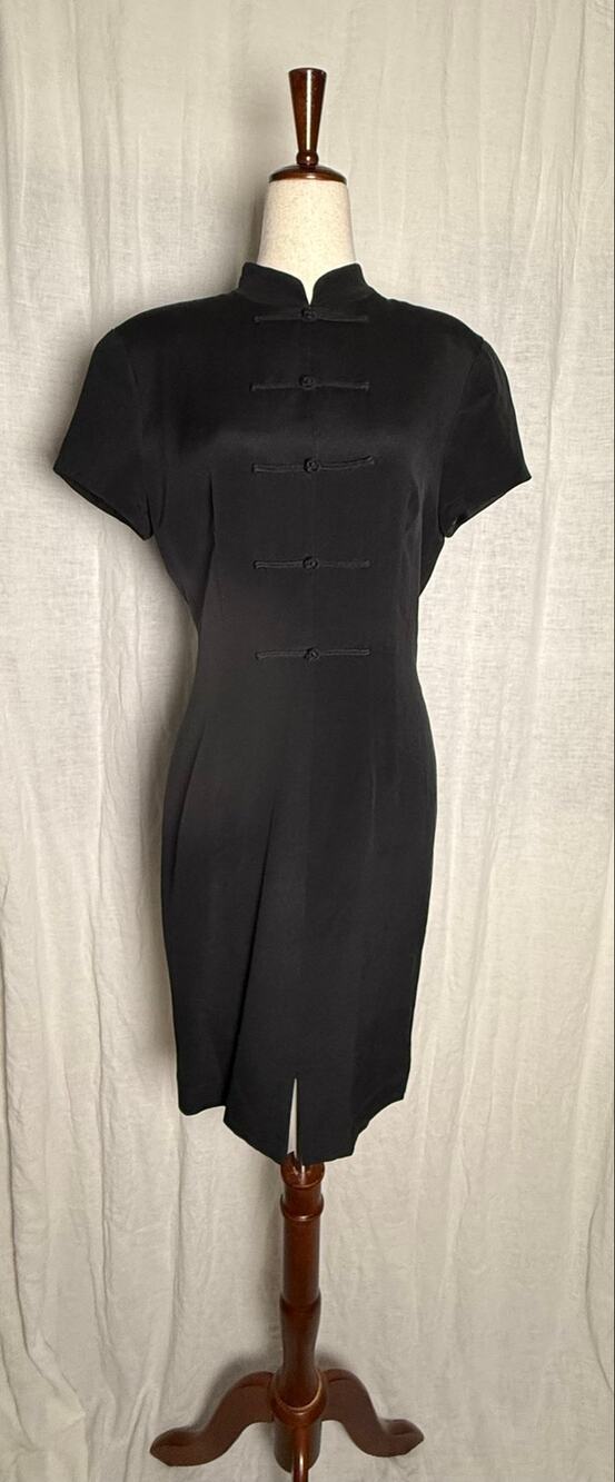 VTG 90s Papell Too Black Silk Mandarin Collar Cheongsam Asian Inspired Dress
6